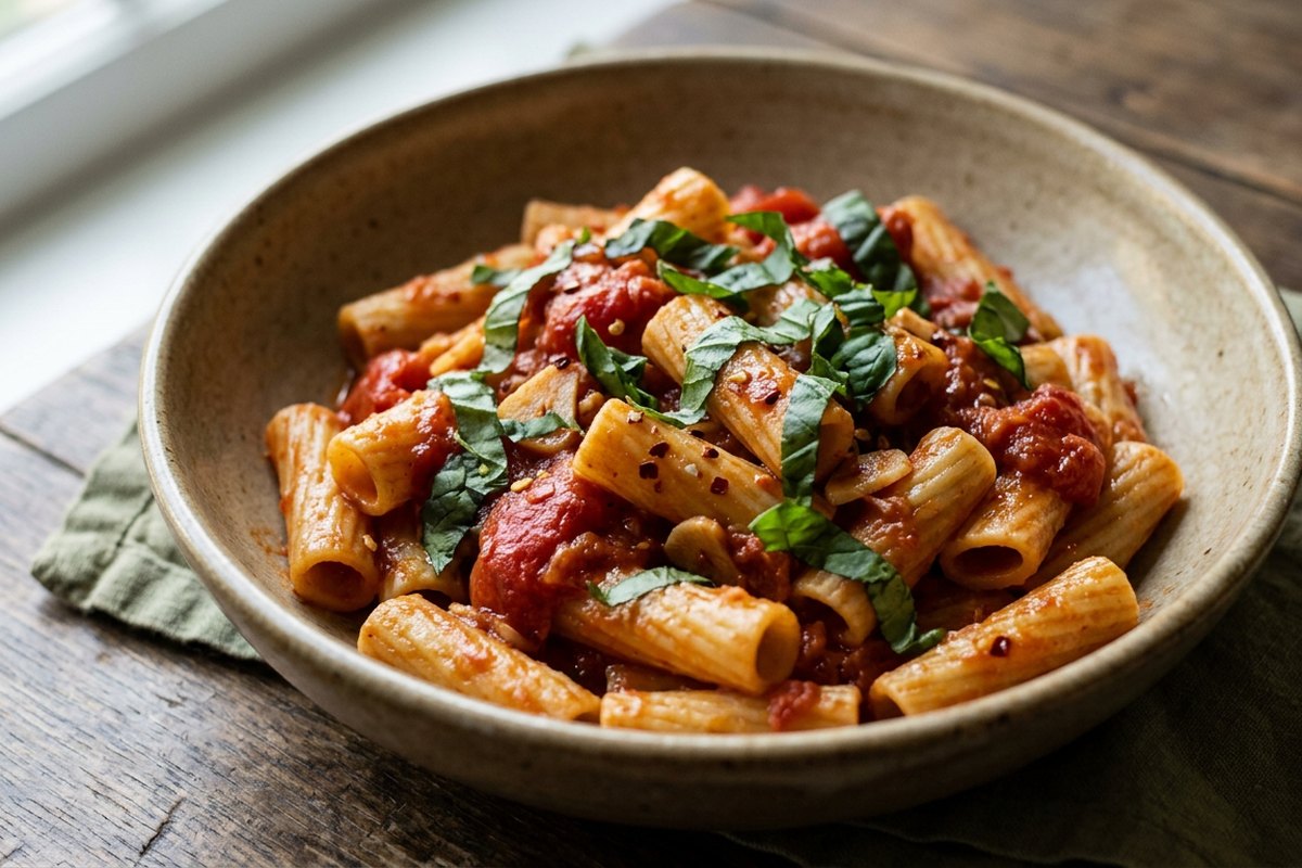 Finished weeknight tomato pasta served and photographed in natural daylight